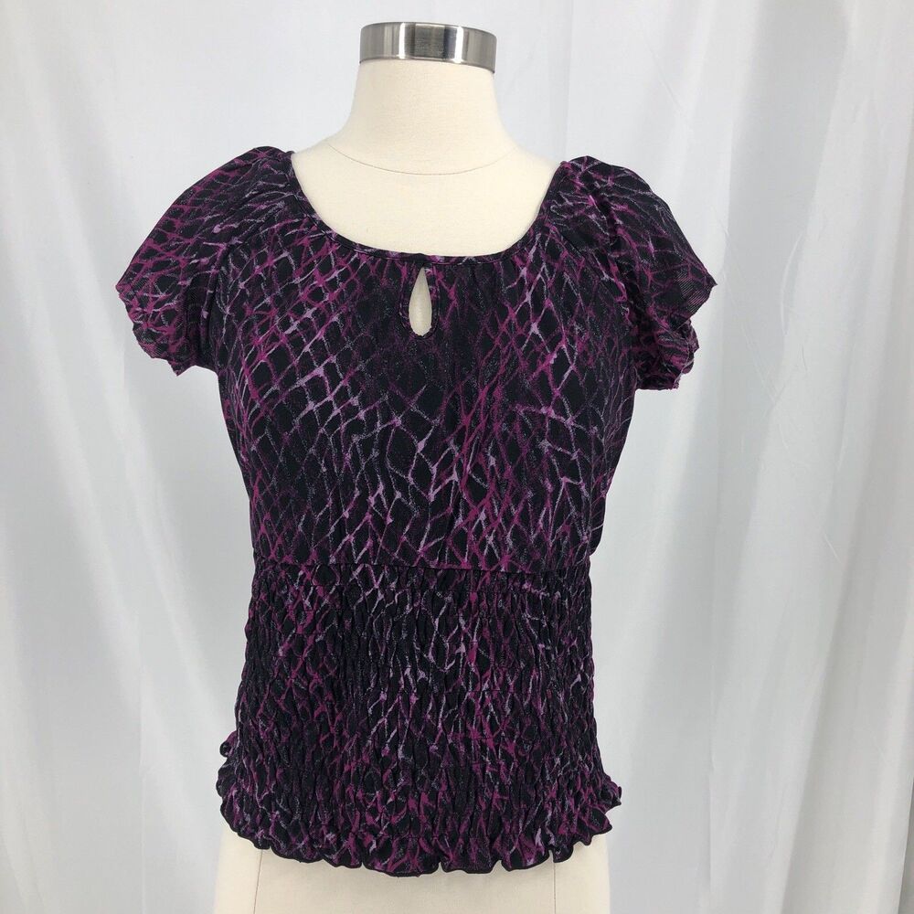 Worthington Stretch Pink Black Abstract Smocked Blouse Small Short Sleeve